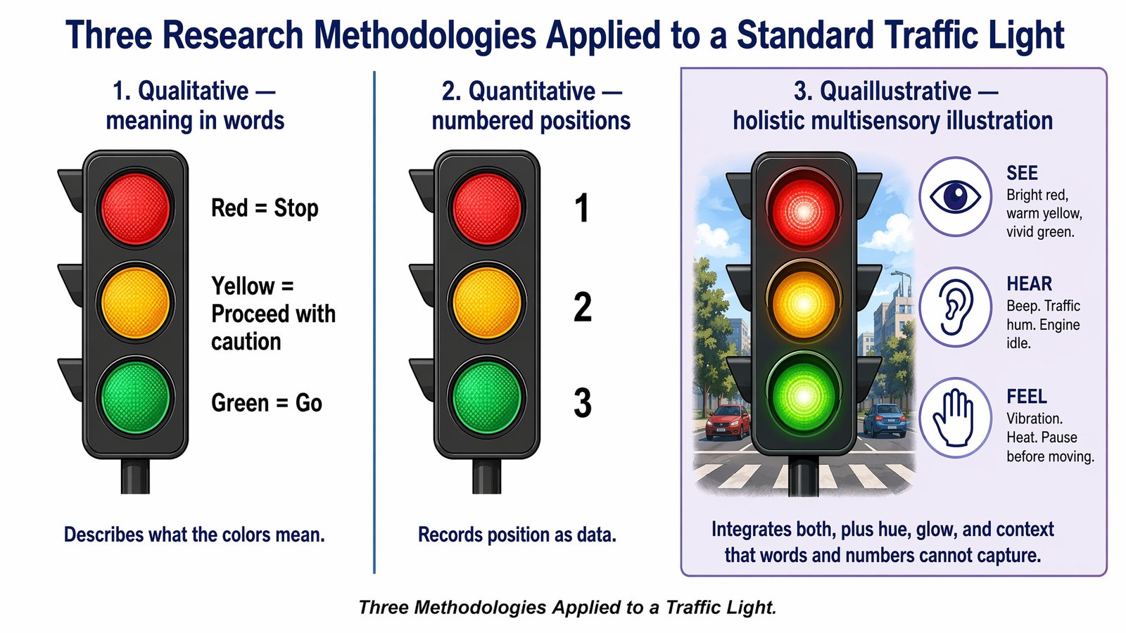 Diagram: Three research methodologies applied to a standard traffic light — qualitative describes meaning, quantitative records numbered position, quaillustrative integrates sight, sound, and feel.